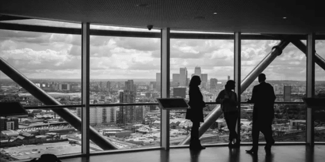 3 silhouettes in a building looking out the big glass windows